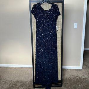 NWT Adrianna Papell All Over Sequin Gown - scoop back - Navy